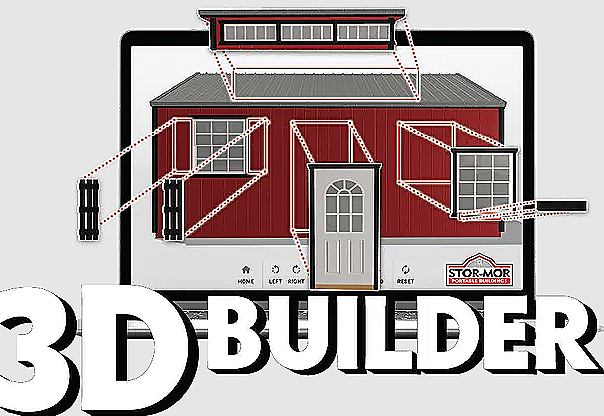 Diagram of a 3D house modeling software with labeled components on a computer screen, including windows, door, roof, and solar panel, illustrating 3D house construction features.