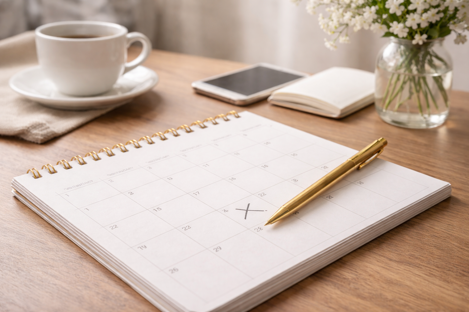 A calendar marked with an X on the 28th day, a gold pen placed on the calendar, a cup of coffee on a saucer, a smartphone, an open notebook, and a jar of white flowers on a wooden desk.