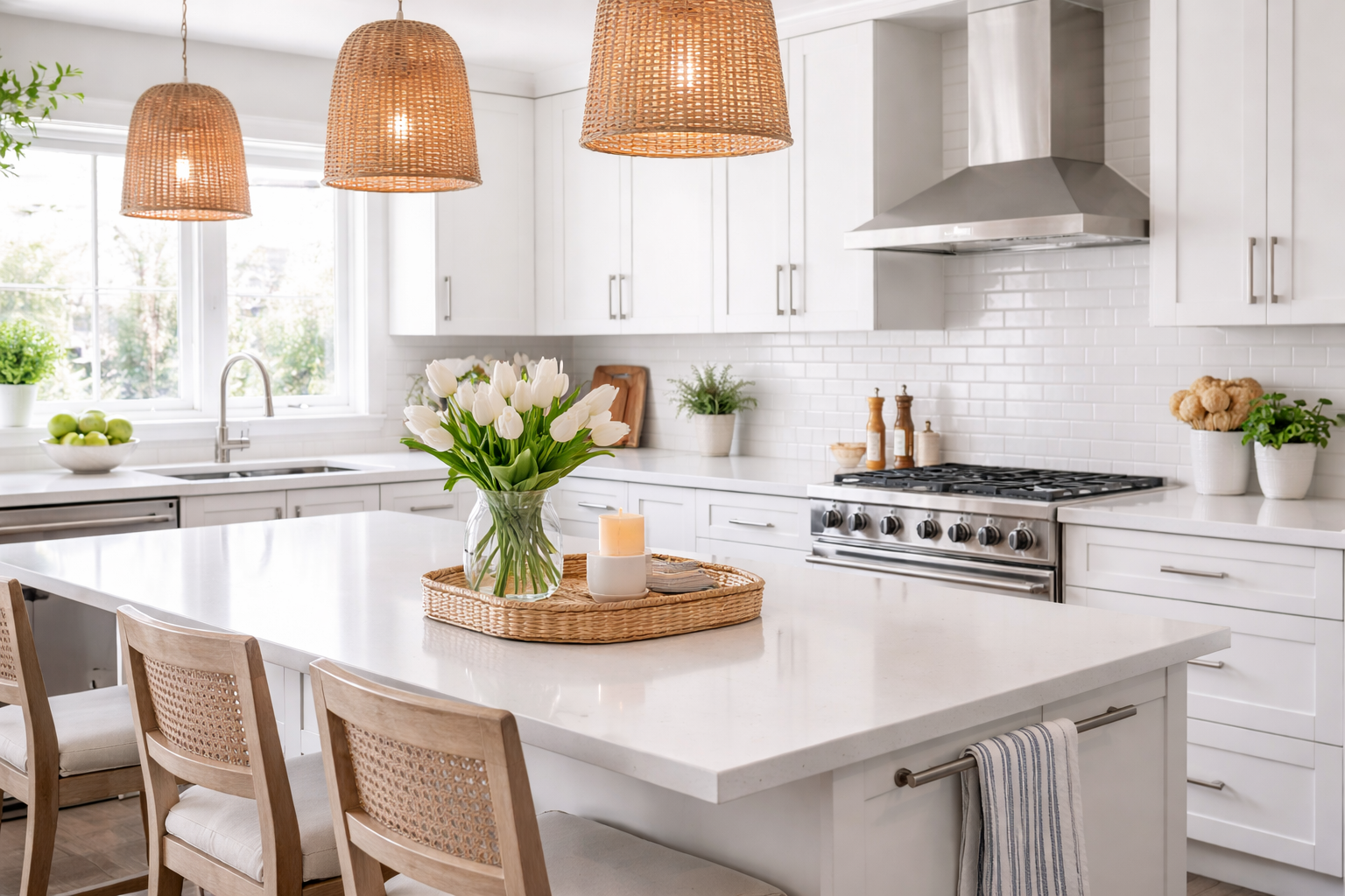 Bright, white kitchen with hanging wicker pendant lights, white cabinets, a large kitchen island with a flower vase, candles, and a woven tray, stainless steel appliances, and potted plants near the window.