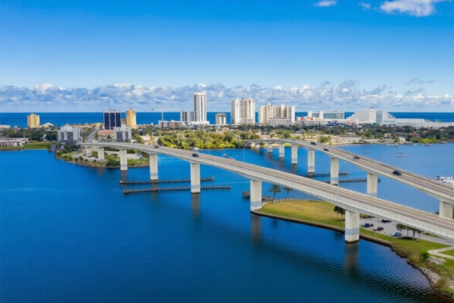 A city skyline with high-rise buildings across a large body of water, featuring a bridge connecting two land areas, with a clear blue sky and scattered clouds above.