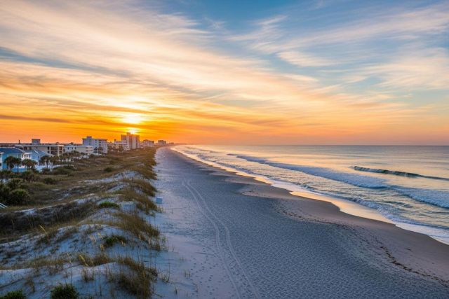 Sunset over a sandy beach with gentle waves and an adjacent row of buildings.