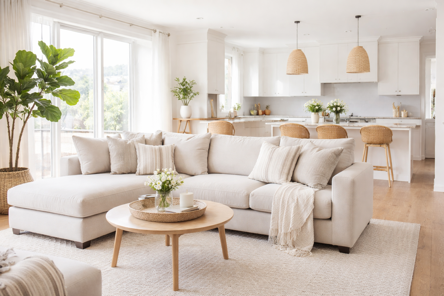 Bright, airy living room with a white sectional sofa, beige and white throw pillows, a round wooden coffee table with a floral centerpiece and candle, a large potted plant, and large windows with sheer curtains. In the background, a white kitchen with a breakfast bar and wicker pendant lights.