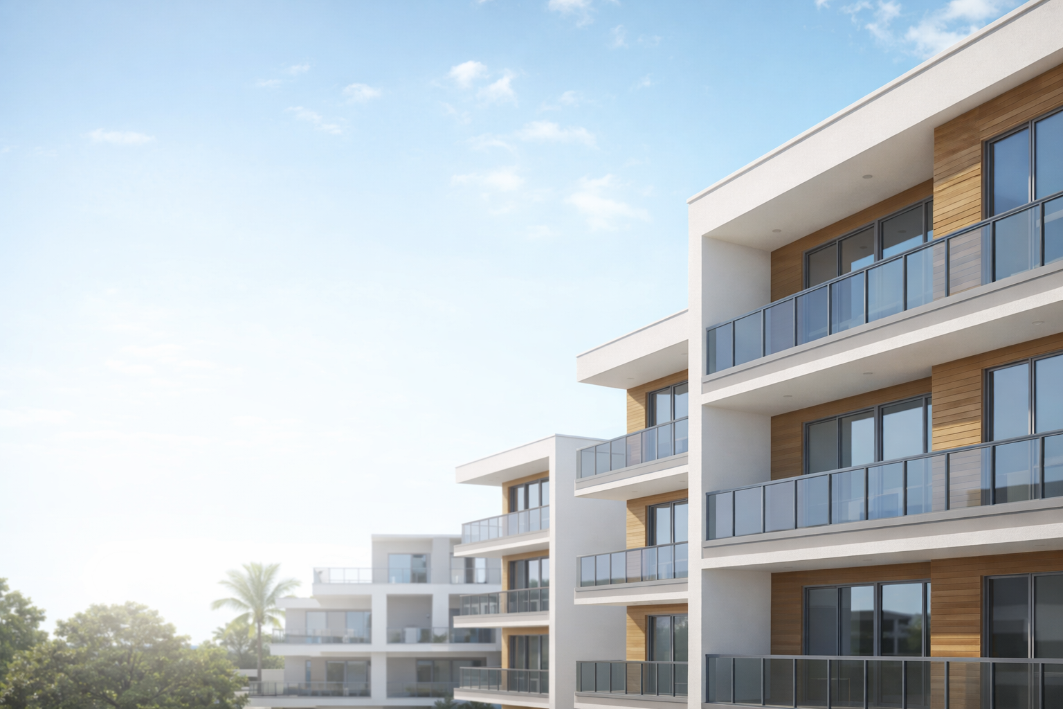 Modern apartment building with multiple balconies and large windows, set against a clear blue sky with trees in the background.