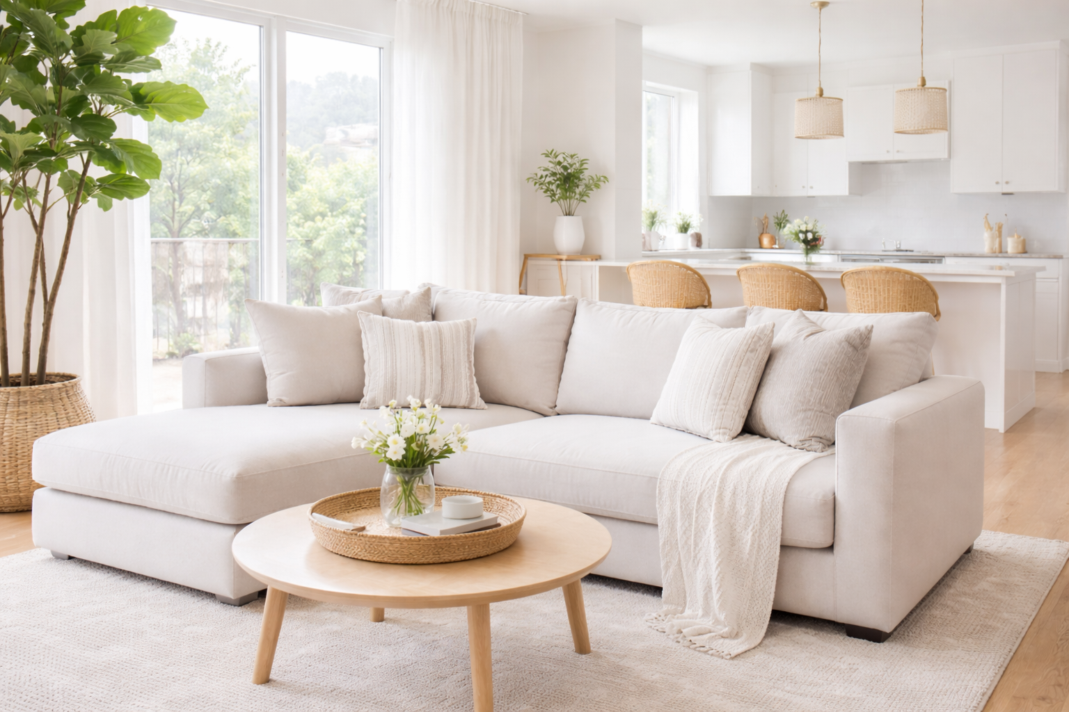 Bright, airy living room with a beige sectional sofa, cushions, a round wooden coffee table with a vase of white flowers, and large windows with white curtains. The background features an open kitchen with a white counter, wicker chairs, and decorative plants.
