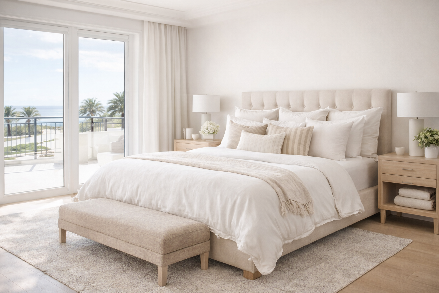 Bright bedroom with large bed, upholstered headboard, neutral-toned pillows and blanket, nightstands with lamps, flowers, and a sliding door leading to a balcony with ocean view and palm trees.
