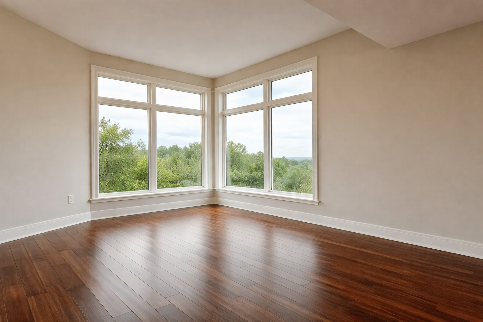 Empty room with hardwood floors and large windows showing a view of trees and greenery outside.