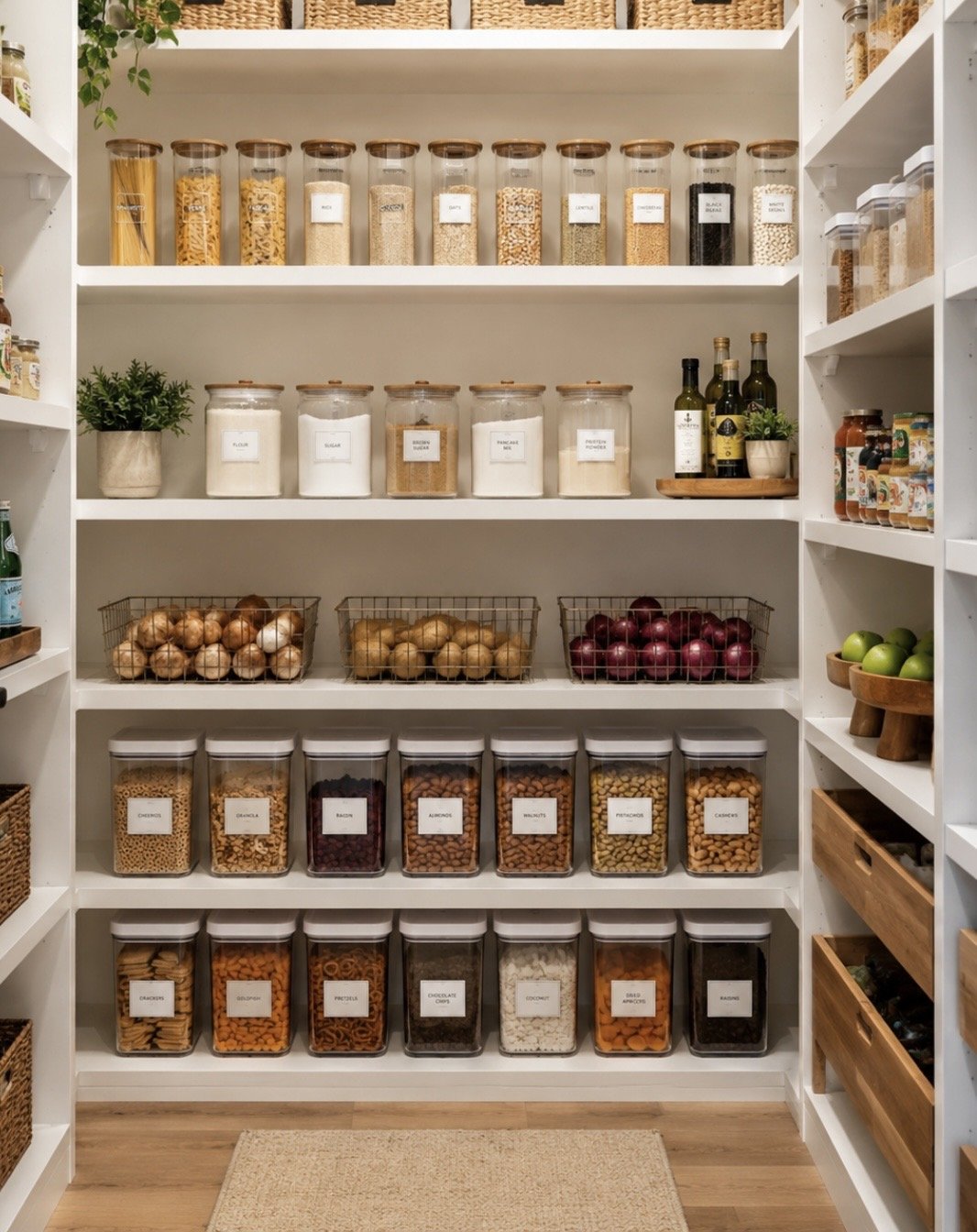 Beautifully organized healthy pantry with glass storage jars, woven baskets, neutral shelving, and thoughtfully arranged ingredients in a bright minimalist kitchen space.