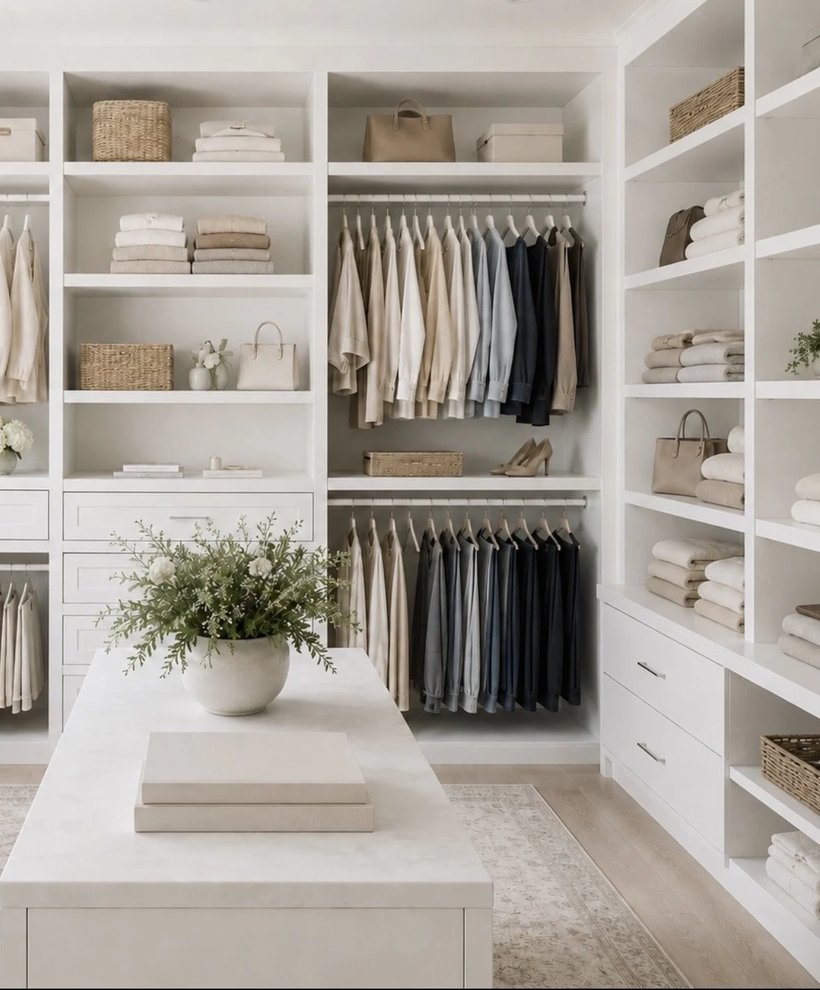 Bright luxury walk-in closet with white built-in shelving, neutral organized clothing, folded linens, woven baskets, and minimalist styling designed for calm and organized living