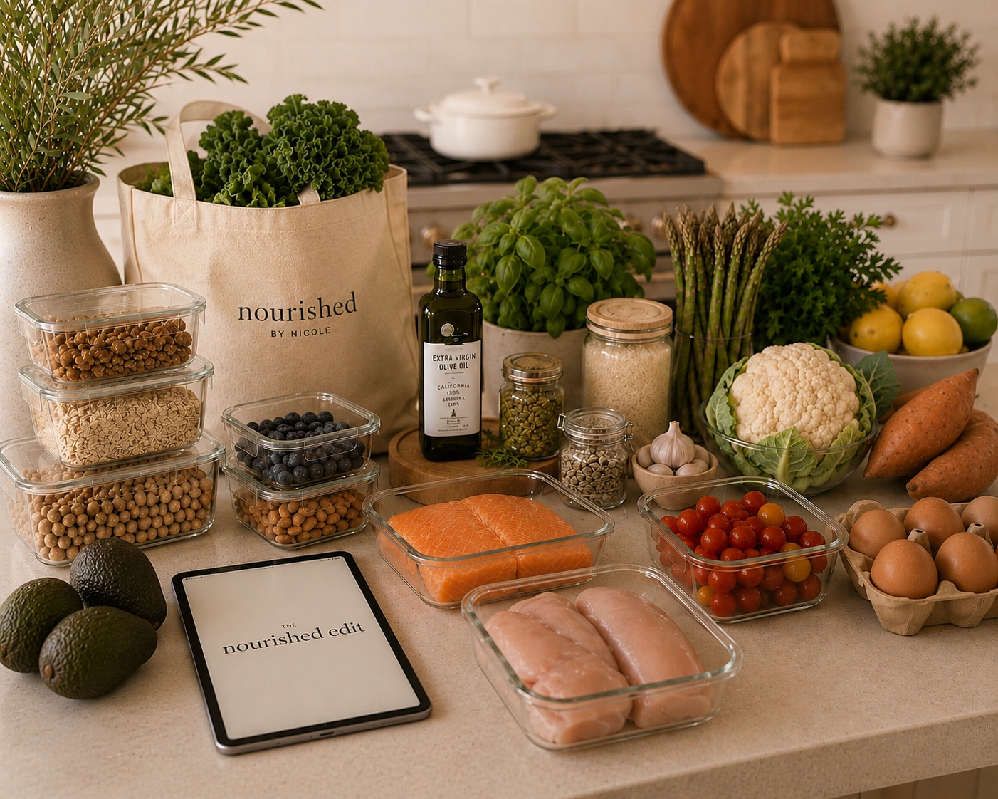 Intentional grocery haul and meal prep setup on a neutral kitchen island featuring fresh produce, proteins, glass containers, herbs, and The Nourished Edit grocery system by Nourished by Nicole.