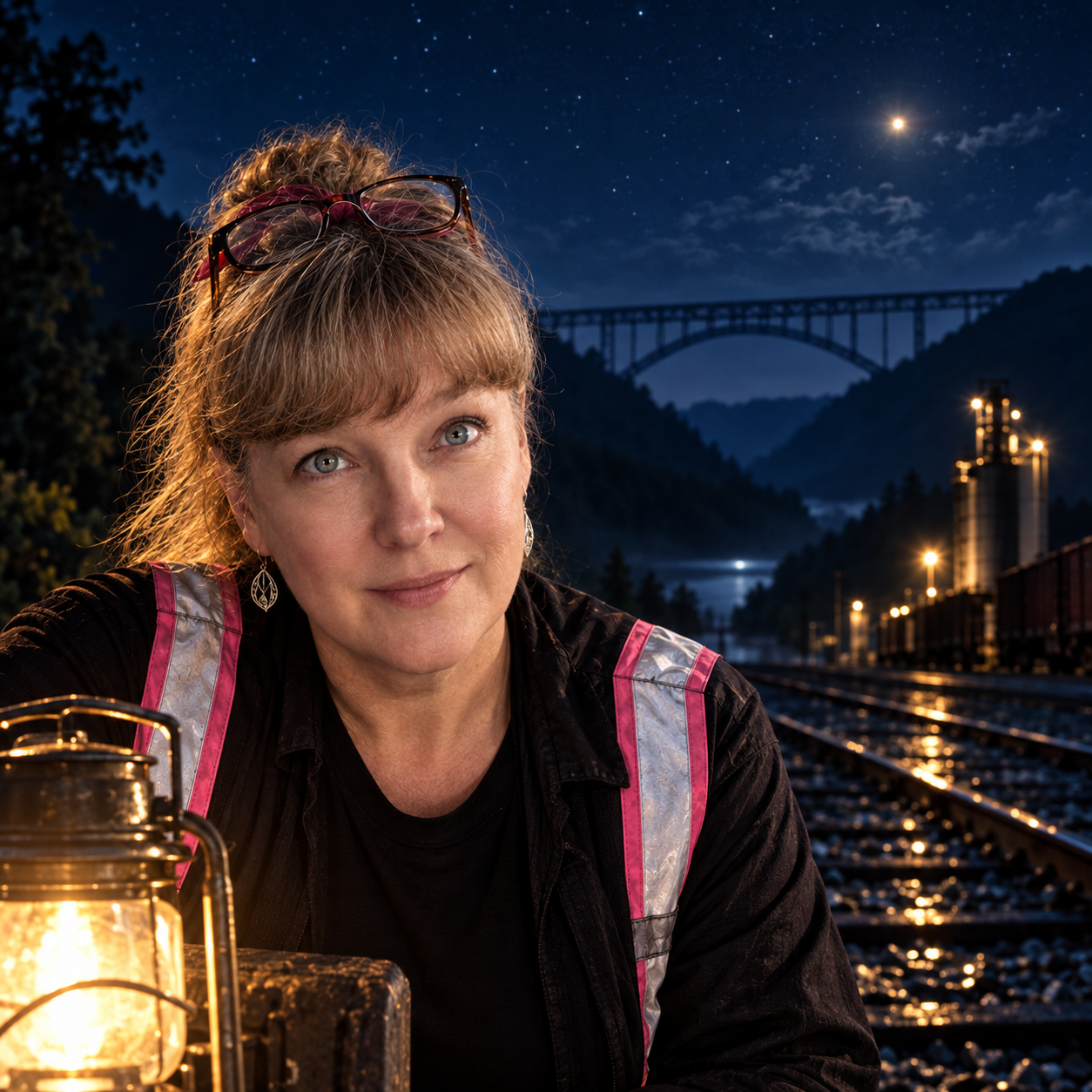Lisa in her reflective work vest beside railroad tracks and the New River Gorge Bridge at night