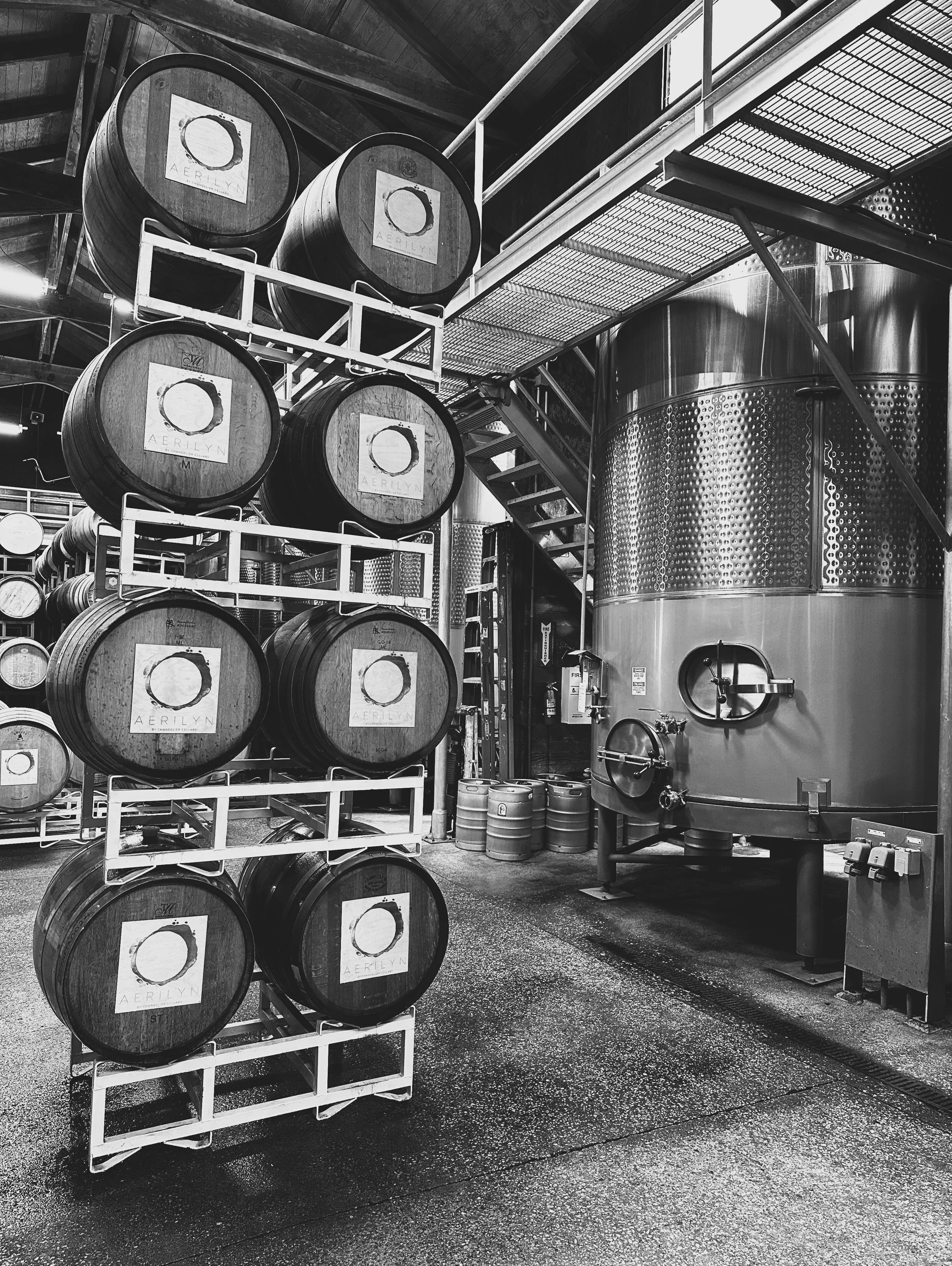 AERILYN's 2025 vintage in elevage in neutral oak barrels at the Santa Ynez cellar.
