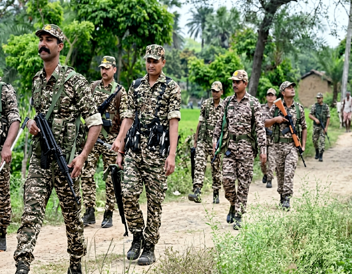 पश्चिम बंगाल विधानसभा चुनाव से पहले कड़ी सुरक्षा व्यवस्था के बीच मालदा के हरियाकुड़ी गांव में केंद्रीय रिजर्व पुलिस बल (सीआरपीएफ) के जवान गश्त करते हुए, गुरुवार, 9 अप्रैल 2026. /पीटीआई