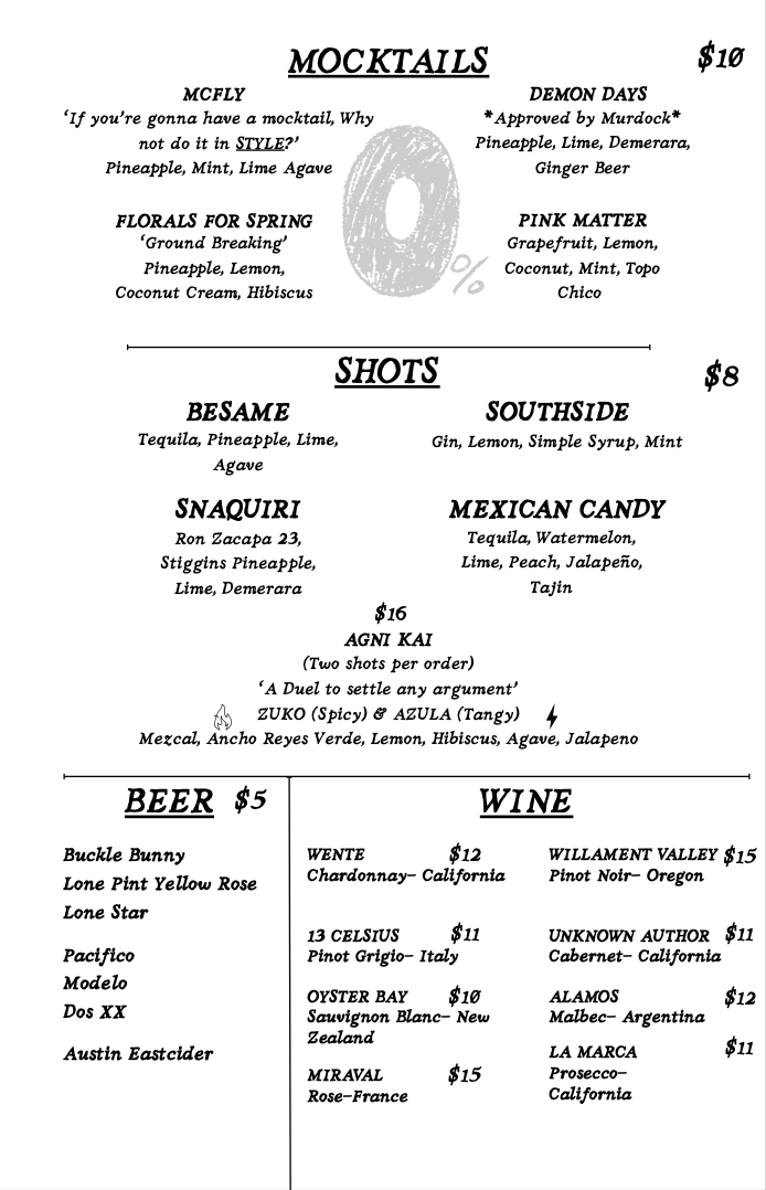 Menu featuring mocktails, shots, beer, and wine options with prices listed.