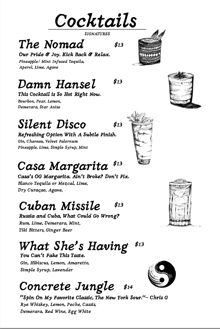 A menu titled 'Cocktails' listing seven different drinks with their names, descriptions, ingredients, and prices, accompanied by artistic black-and-white illustrations of some cocktails and a yin-yang symbol at the bottom.