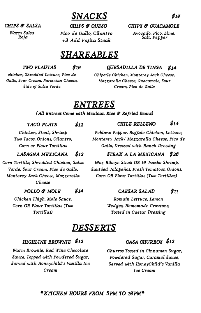 A Mexican restaurant menu featuring snacks, shareables, entrees, and desserts with prices and descriptions.