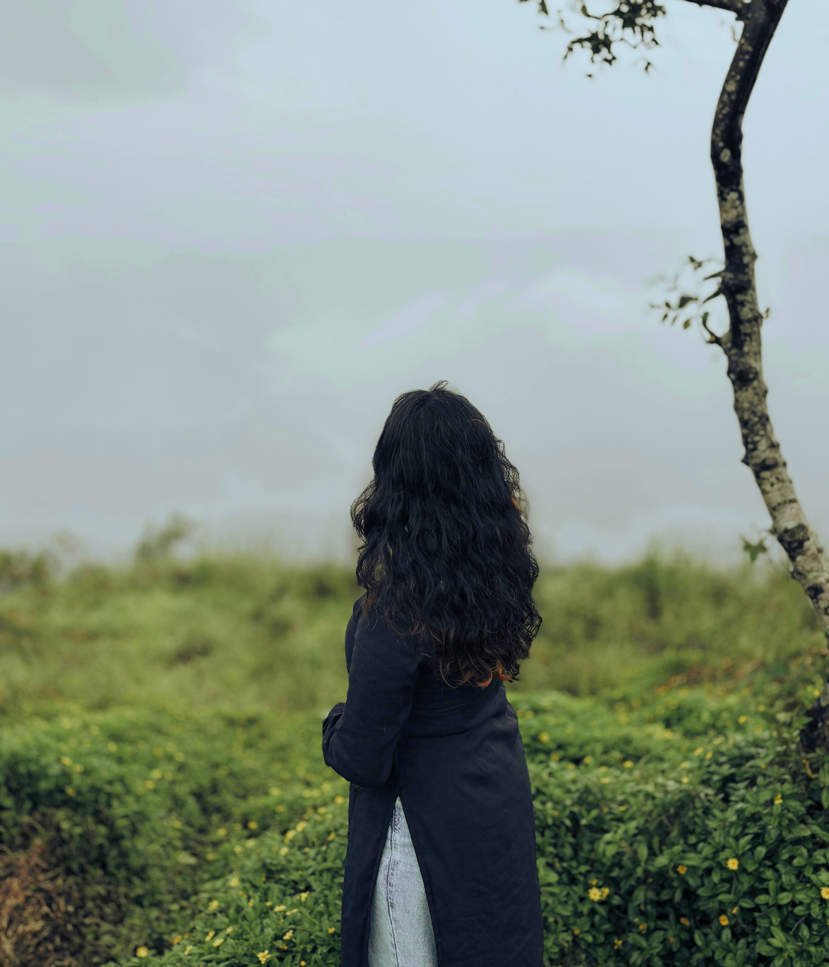 A woman stands alone in an overcast landscape, capturing the introspective work of individual therapy for professionals navigating burnout, caregiver stress, aging parents, and life transitions.