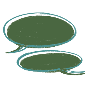 Two illustrated speech bubbles — representing organizational consulting and leadership development for mission-driven nonprofits, public sector organizations, and social impact teams.