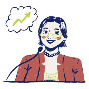 Illustrated professional holding a card — representing the Mattering in the Middle group coaching cohort for mid-career leaders in nonprofit, government, and social impact sectors.
