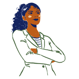 Illustrated professional woman with arms crossed — representing leadership and career coaching for women of color and mission-driven professionals in nonprofit, government, and social impact sectors.