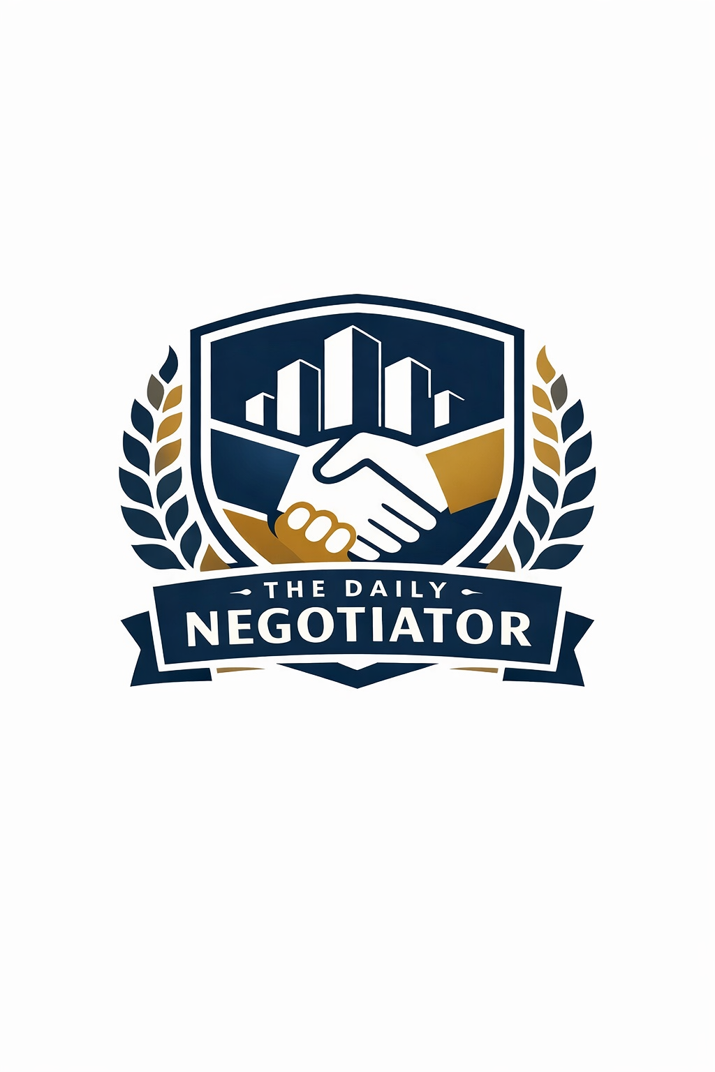 A logo featuring two shaking hands with city buildings in the background, surrounded by laurels, and the text 'The Daily Negotiator' in a banner.