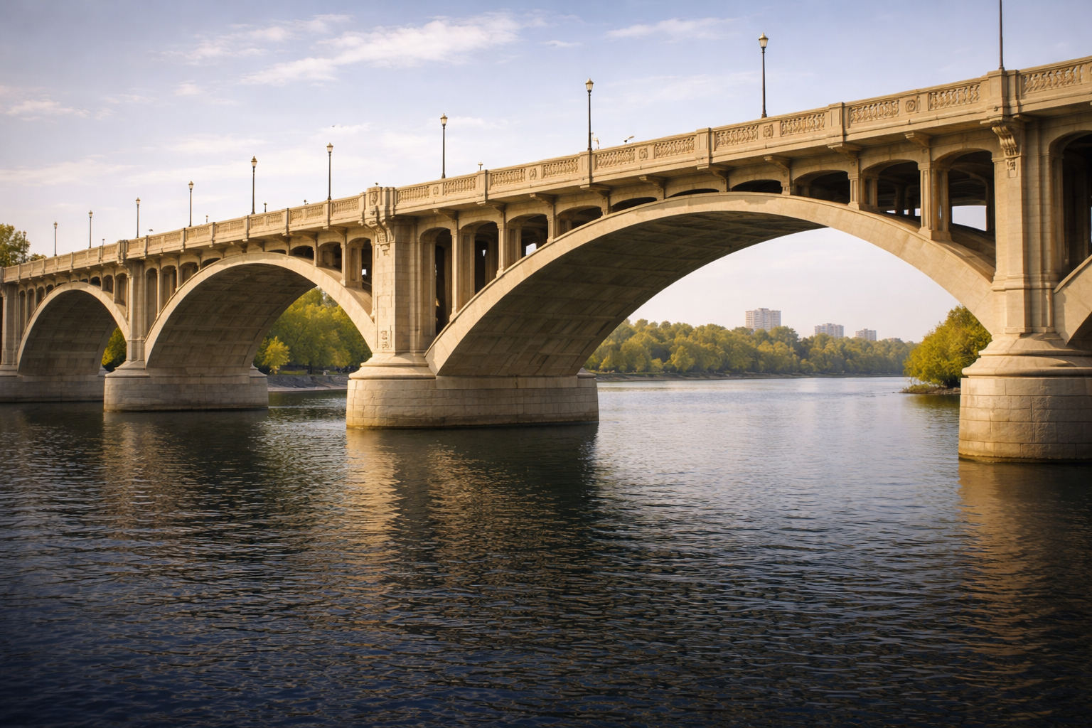 A stone bridge over a body of water with trees and distant buildings in the background.