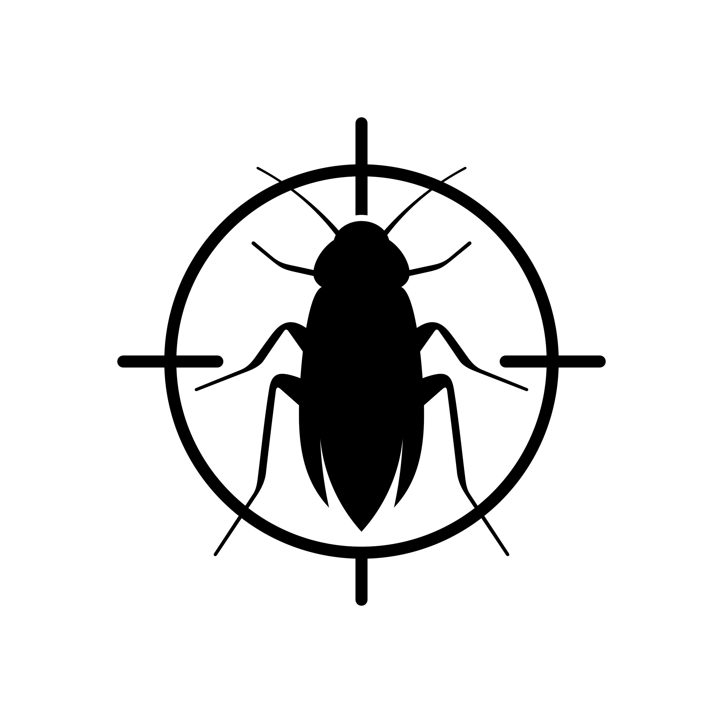 Silhouette of a cockroach inside a target crosshair on a black background.