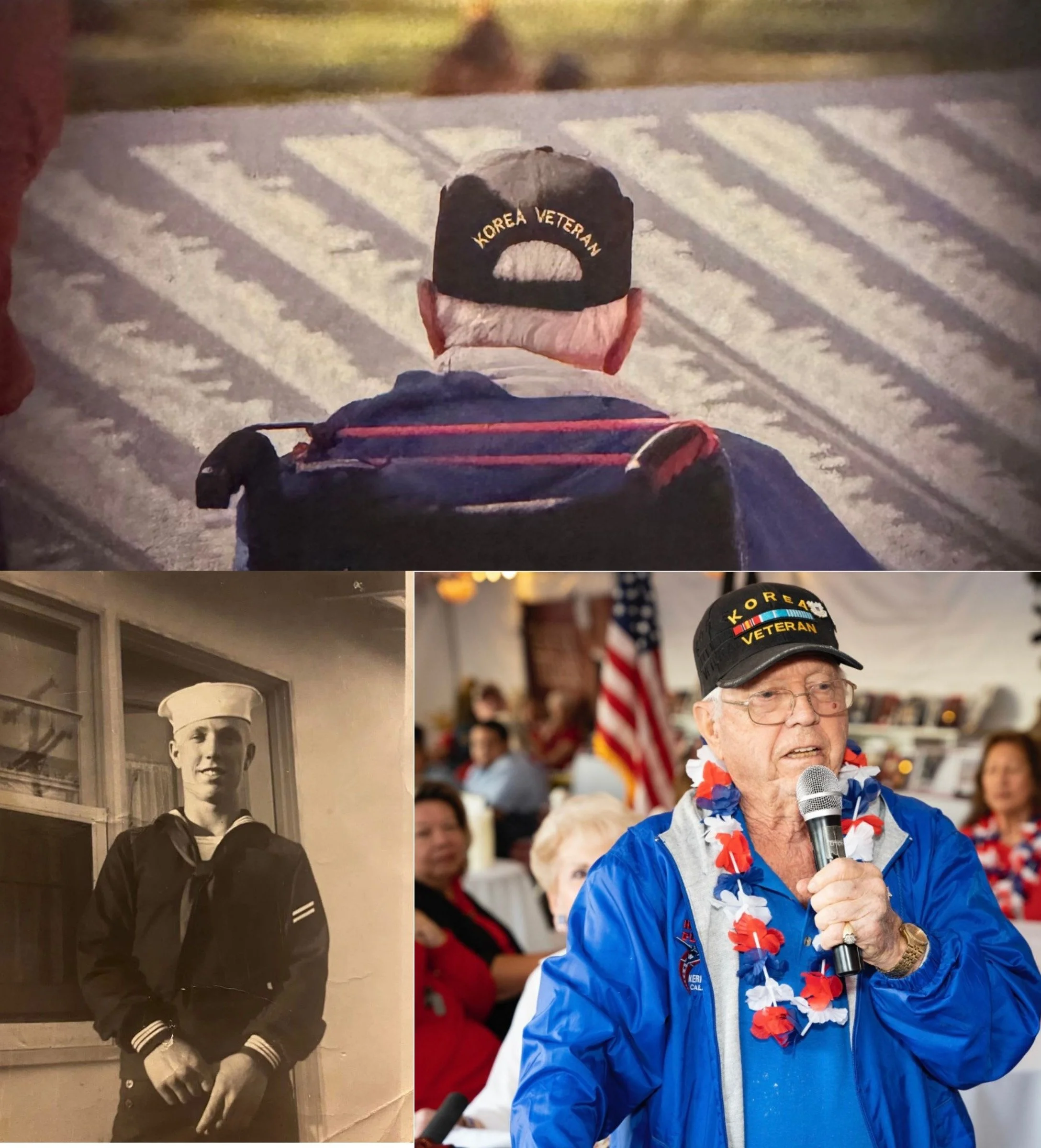 Side view of an elderly man wearing a black cap with yellow embroidery that reads 'Korea Veteran,' and a blue jacket with red, white, and blue garland around his neck, speaking into a microphone at a gathering.