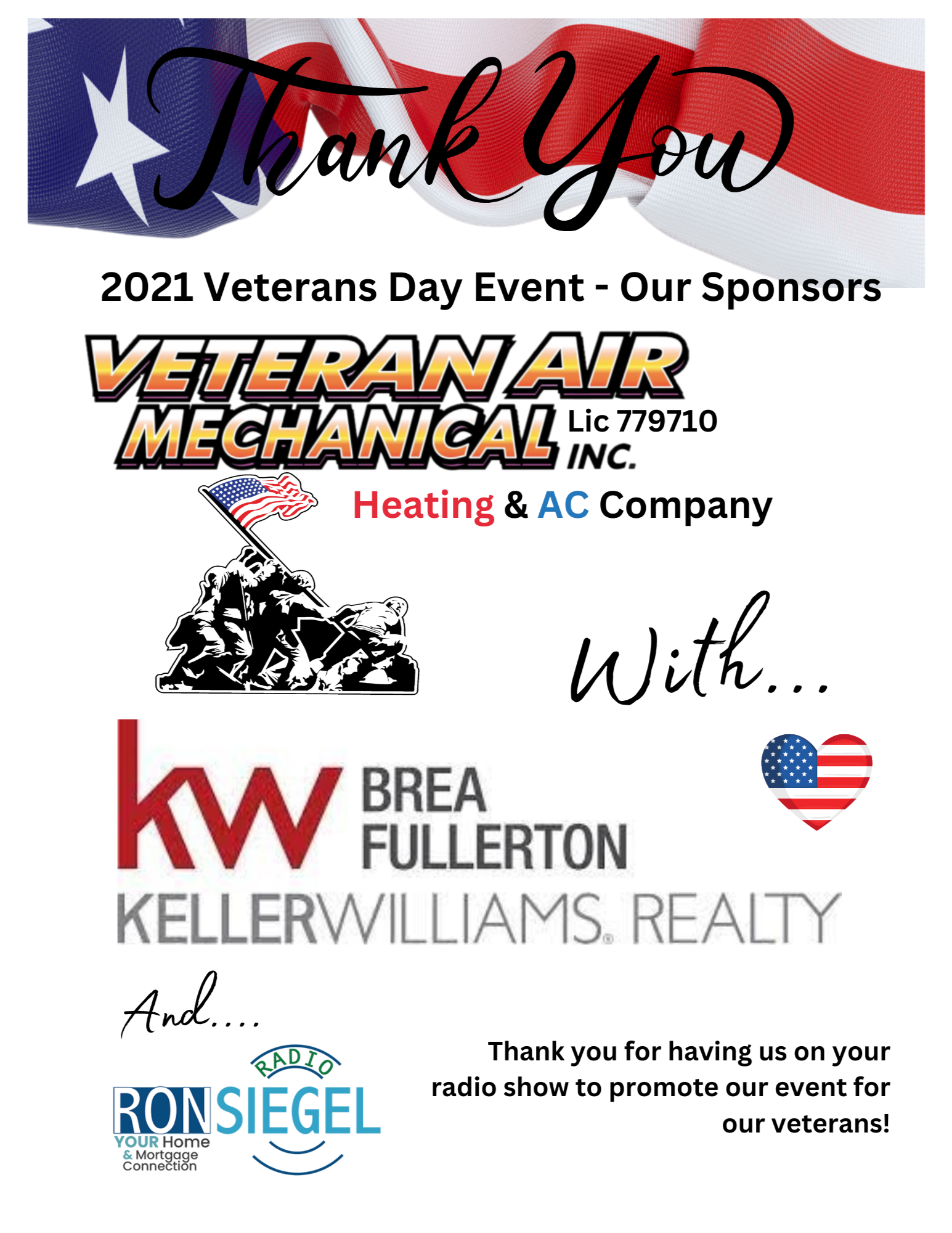 Thank you message over an American flag-themed background with logos of sponsors Vetaran Air Mechanical Inc., Keller Williams Realty, and Ron Siegell.