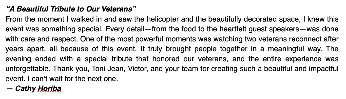 Text of a heartfelt tribute to veterans, expressing appreciation for a touching event and honoring veterans' sacrifices.