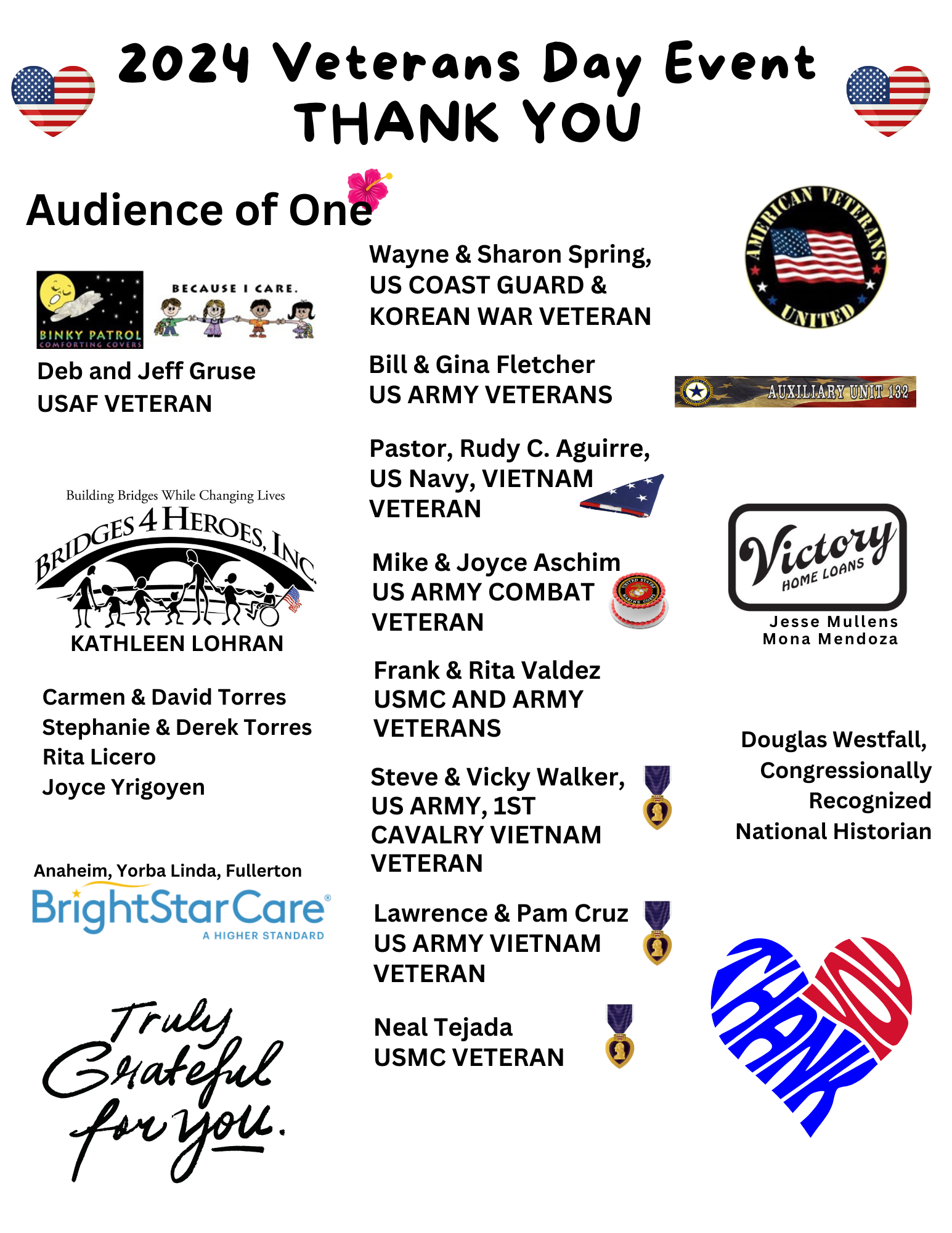 Poster for a 2024 Veterans Day event, with symbols of American patriotism including hearts with American flags, logos for veterans organizations, and a message of gratitude and remembrance for military veterans.