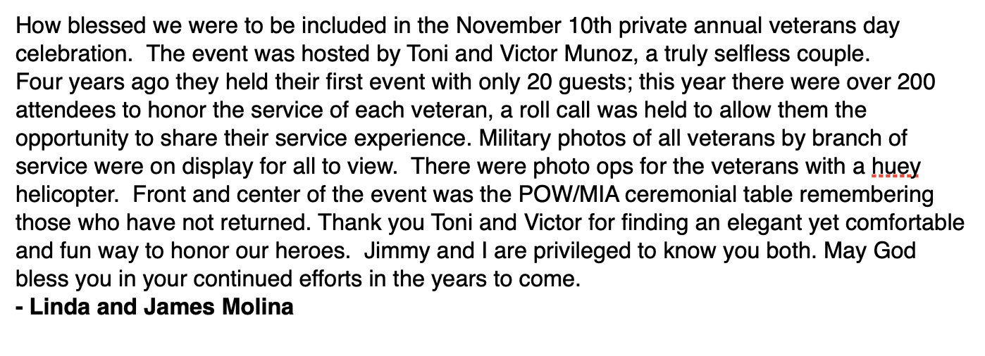 Text excerpt about a veterans day celebration hosted by Toni and Victor Munoz, including details about past and current attendance, a roll call, photo displays, a POW/MIA memorial, and a message of thanks from Linda and James Molina.