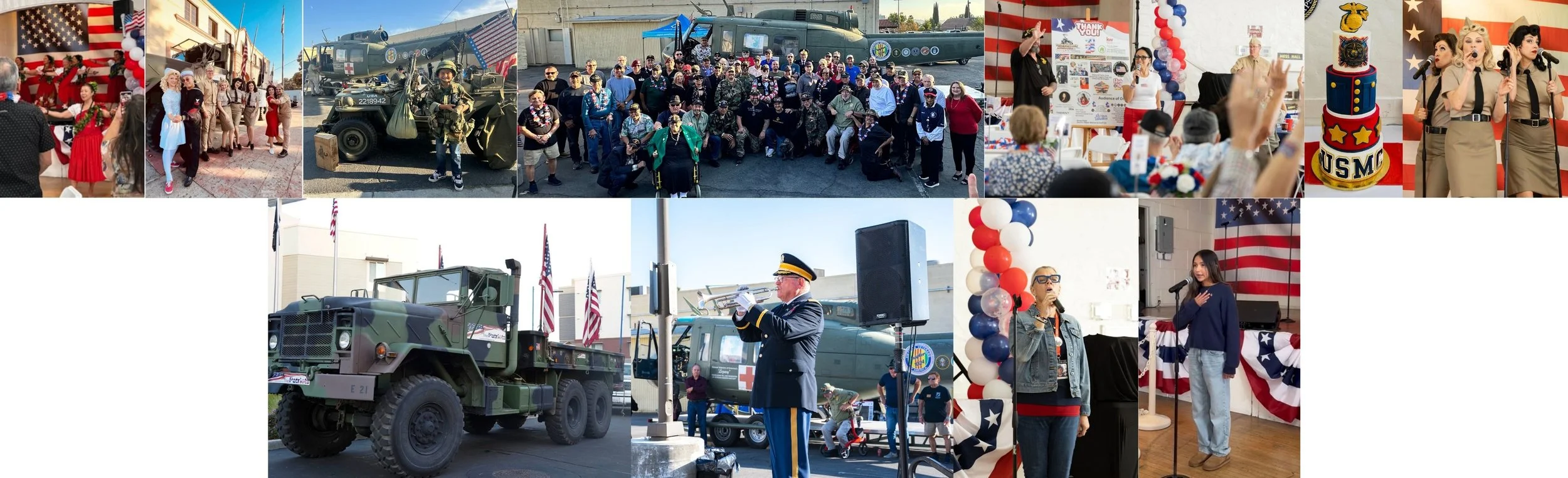 A collage of images from a patriotic event featuring military personnel, vintage military vehicles, a group photo of attendees, a cake with patriotic decorations, people singing patriotic songs, a man playing a trumpet, and a woman speaking into a microphone, all with American flags and red, white, and blue decorations.