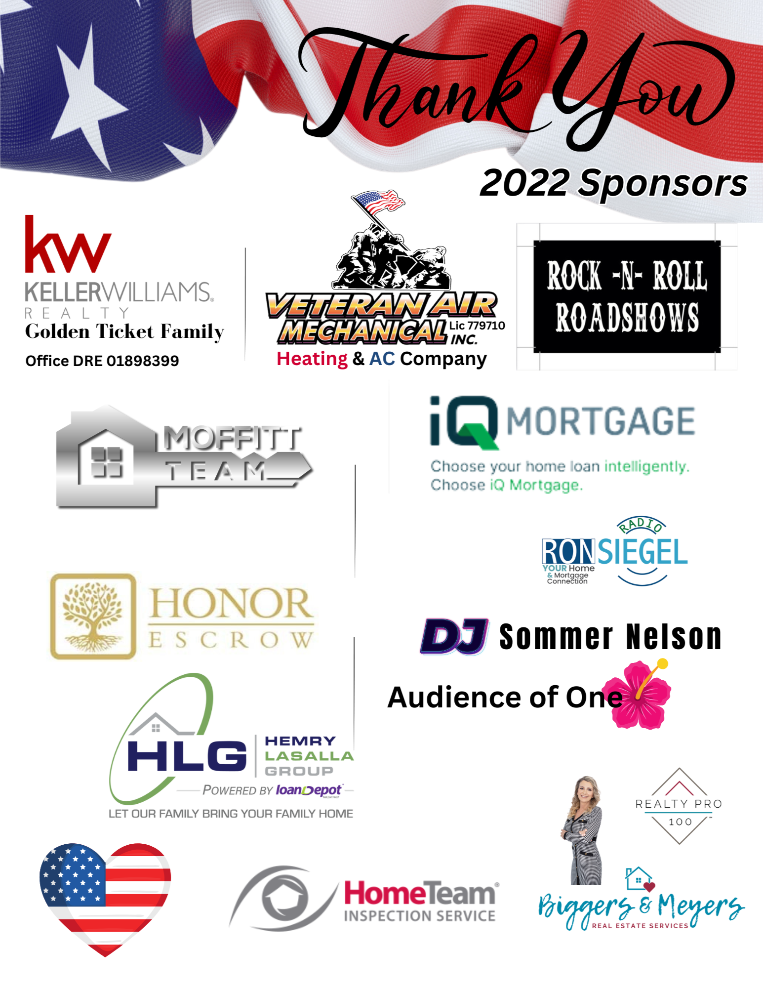 A collage of various business and organization logos, including a thank you message to 2022 sponsors, with patriotic and floral themes.