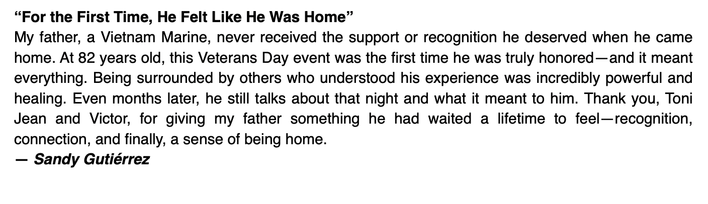 Quotation about a Vietnam Marine's recognition on Veterans Day and a personal story of healing, attributed to Sandy Gutiérrez.