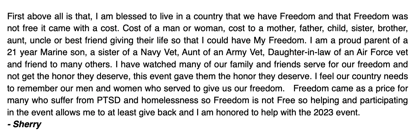 A typed essay describing the importance of freedom, military service, and honoring fallen soldiers, signed by Sherry.