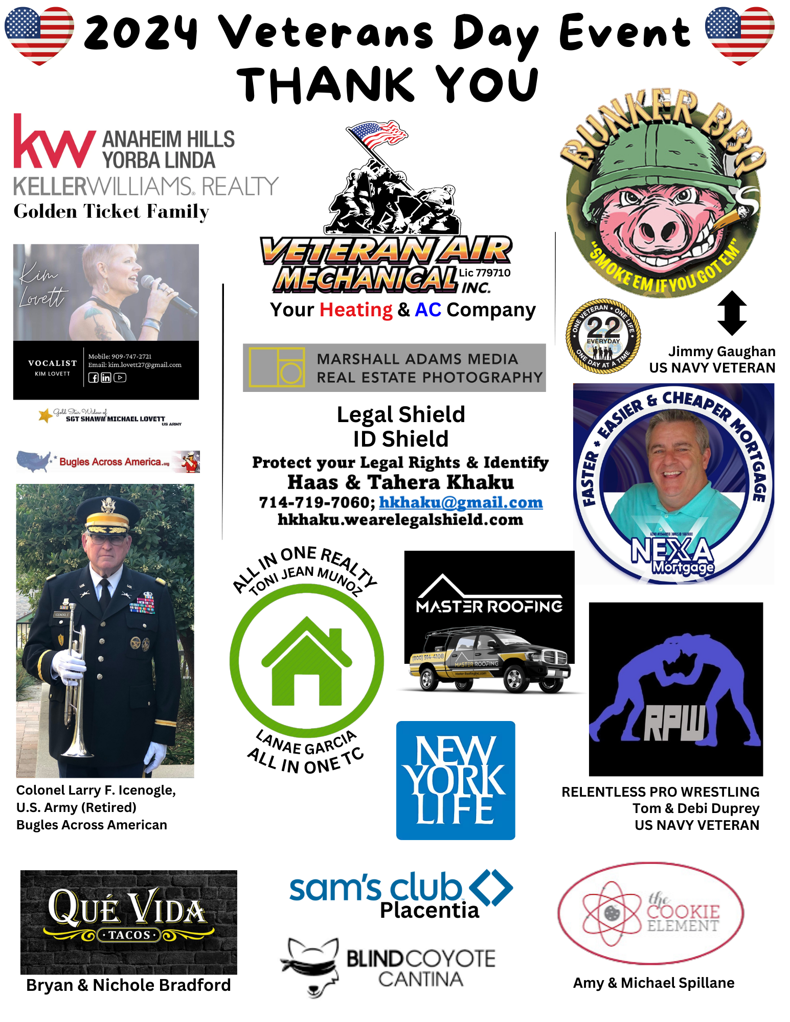 A collage of logos, advertisements, and photos related to a Veterans Day event, including thank you messages, veteran organizations, and local businesses, with images of veterans and service members.
