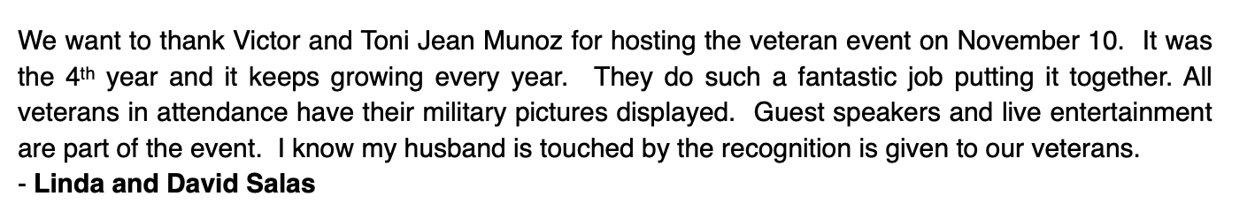 Text thanking Victor and Toni Jean Munoz for hosting a veteran event on November 10, with veterans' pictures displayed, guest speakers, and live entertainment, signed by Linda and David Salas.