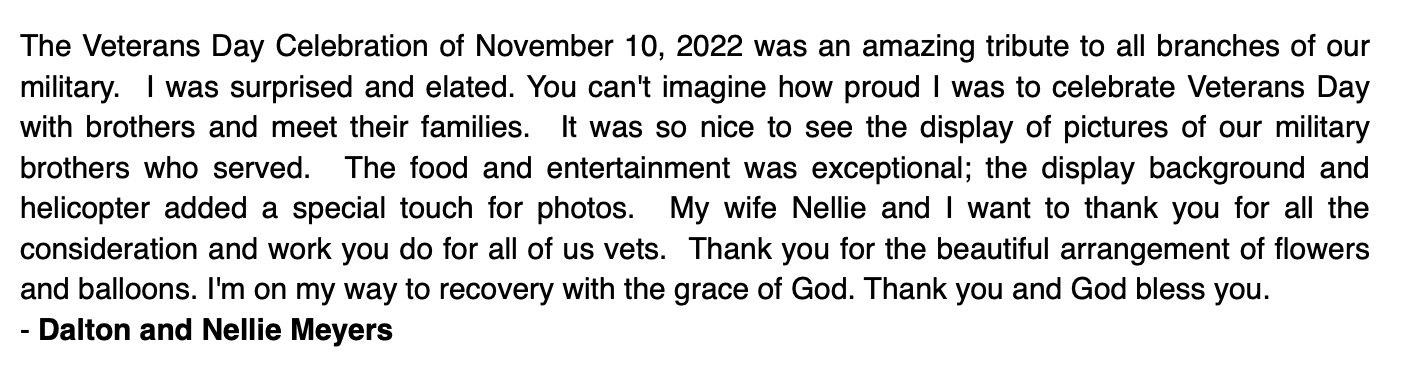 Textexcerpt about Veterans Day celebration on November 10, 2022, expressing gratitude and appreciation for military service, mentioning decorations, flowers, and balloons.