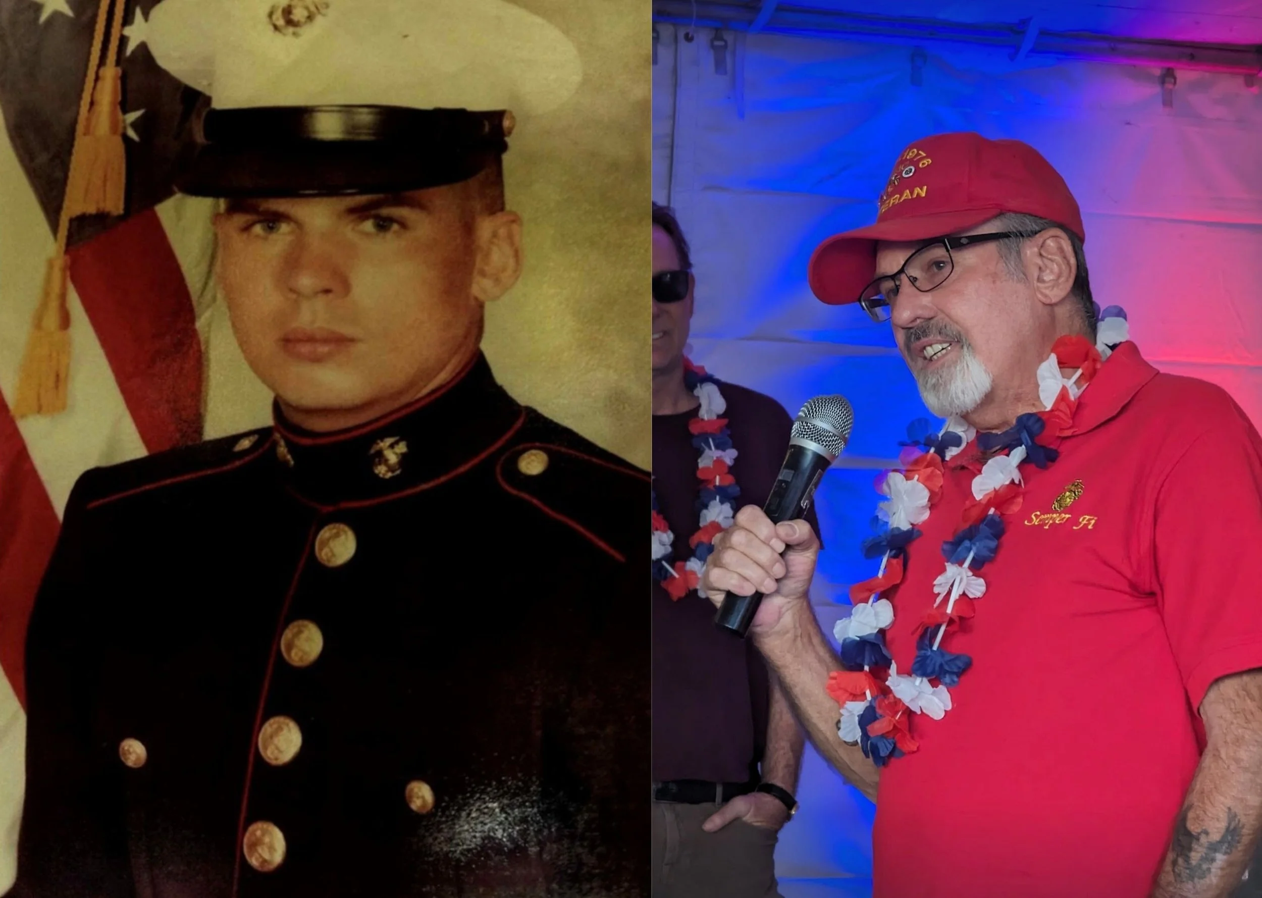 A split image showing a soldier's portrait on the left, wearing a decorated military uniform and a hat, and an older man on the right, wearing a red shirt, red cap, glasses, and a patriotic lei, speaking into a microphone at a celebration or event.
