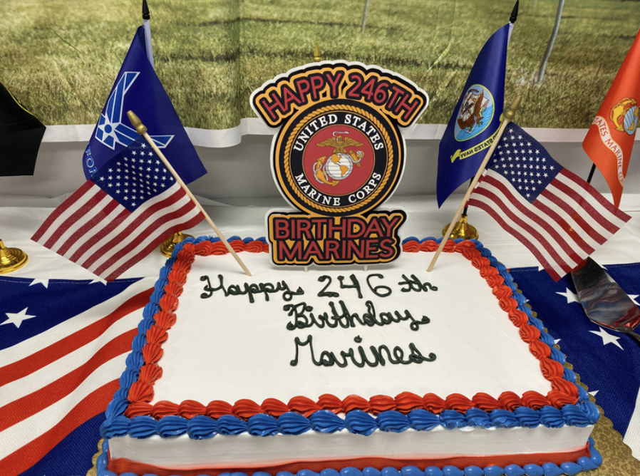 A birthday cake celebrating the 246th birthday of the United States Marine Corps, decorated with red, white, and blue icing, topped with patriotic flags and Marine Corps emblems, with a message written in black icing that says "Happy 246th Birthday M