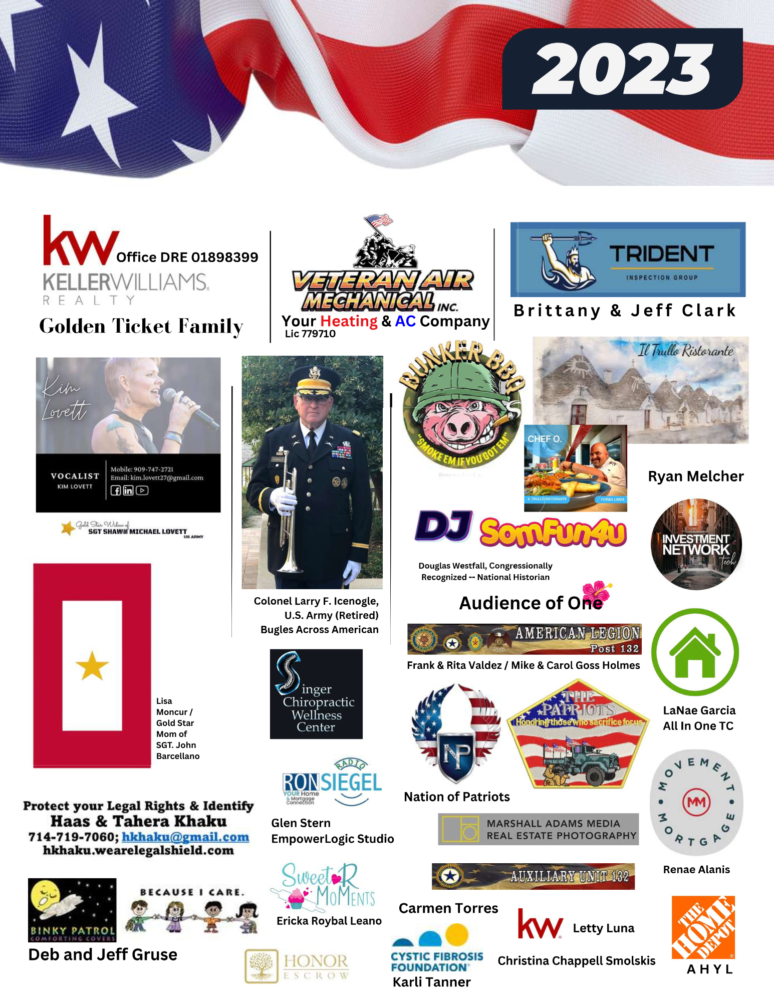 A collage of various sponsor logos, advertisements, and images, including a waving American flag, promoting events, organizations, businesses, and individuals for 2023.