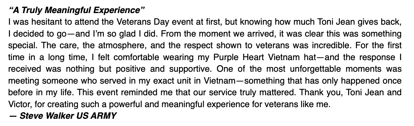 A quote from Steve Walker of the US Army about his experience at a Veterans Day event, expressing gratitude and emotional impact.