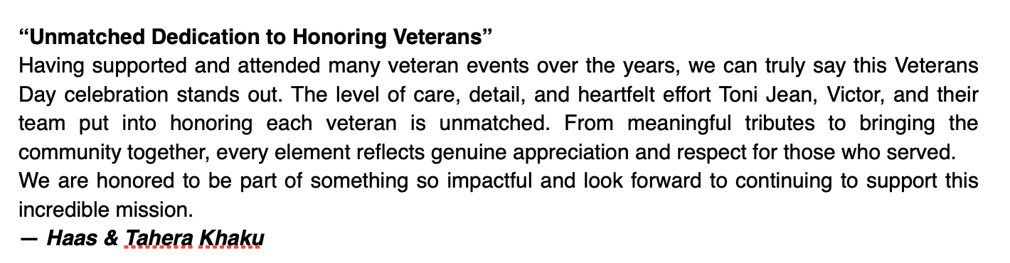 Text excerpt from a dedication speech about honoring veterans, mentioning Toni Jean, Victor, Haas, and Tahera Khaku, with some text highlighted and underlined.