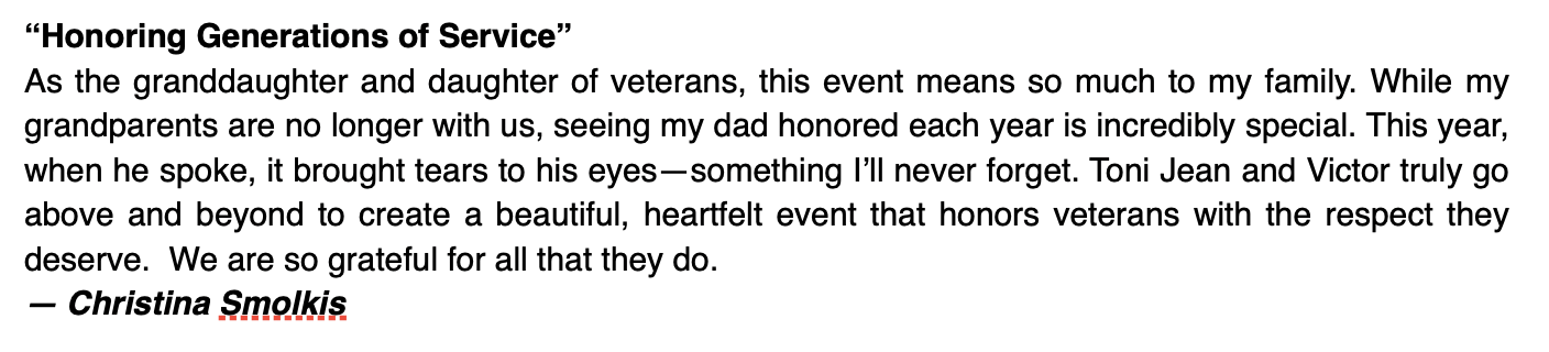 Text excerpt titled 'Honoring Generations of Service' about a memorial event honoring veterans and family members.