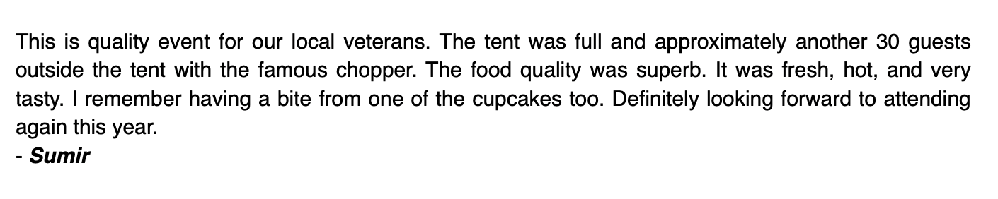 A text block describing a veterans' event with a tent, guests, food, and a reference to a cupcake.