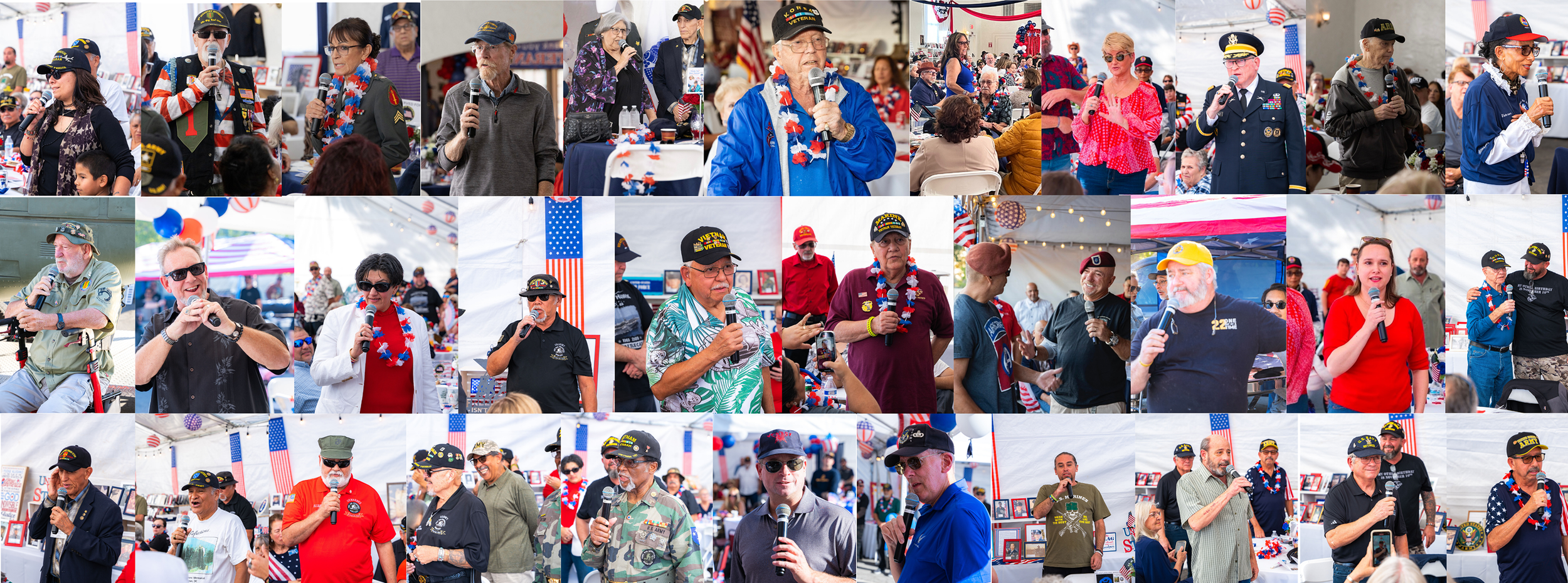 Group of veterans and attendees speaking and listening at a patriotic event with American flags, balloons, and decorations.