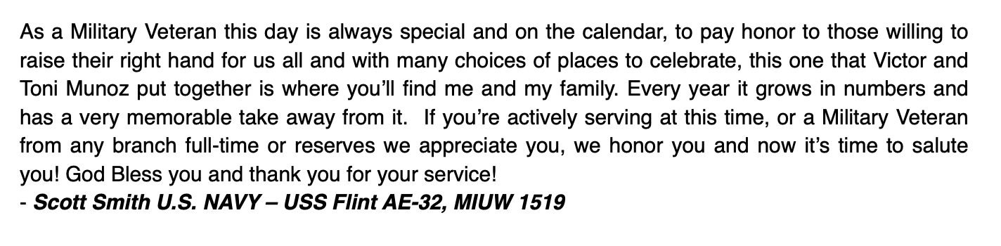 A text message honoring military veterans, signed by Scott Smith of the U.S. Navy, USS Flint AE-32, MIUW 1519.