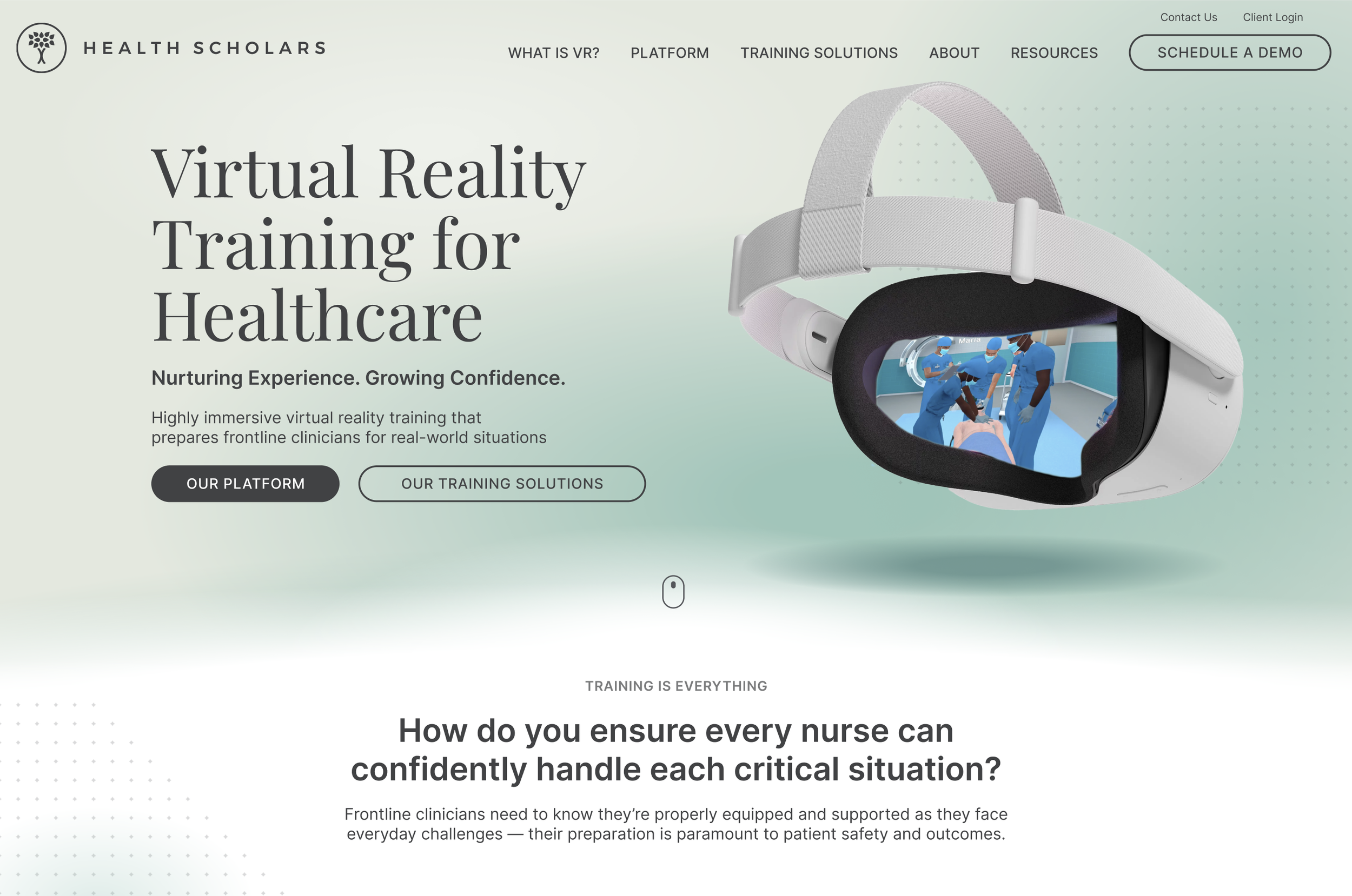 Repositioned Health Scholars' virtual reality training platform — reframing a technically complex VR solution into a clear story centered on building clinical confidence and competency through immersive simulation.