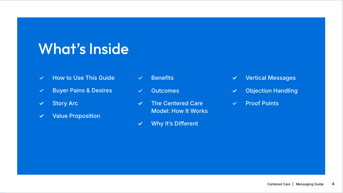 Centered Care Messaging Guide — What's Inside page