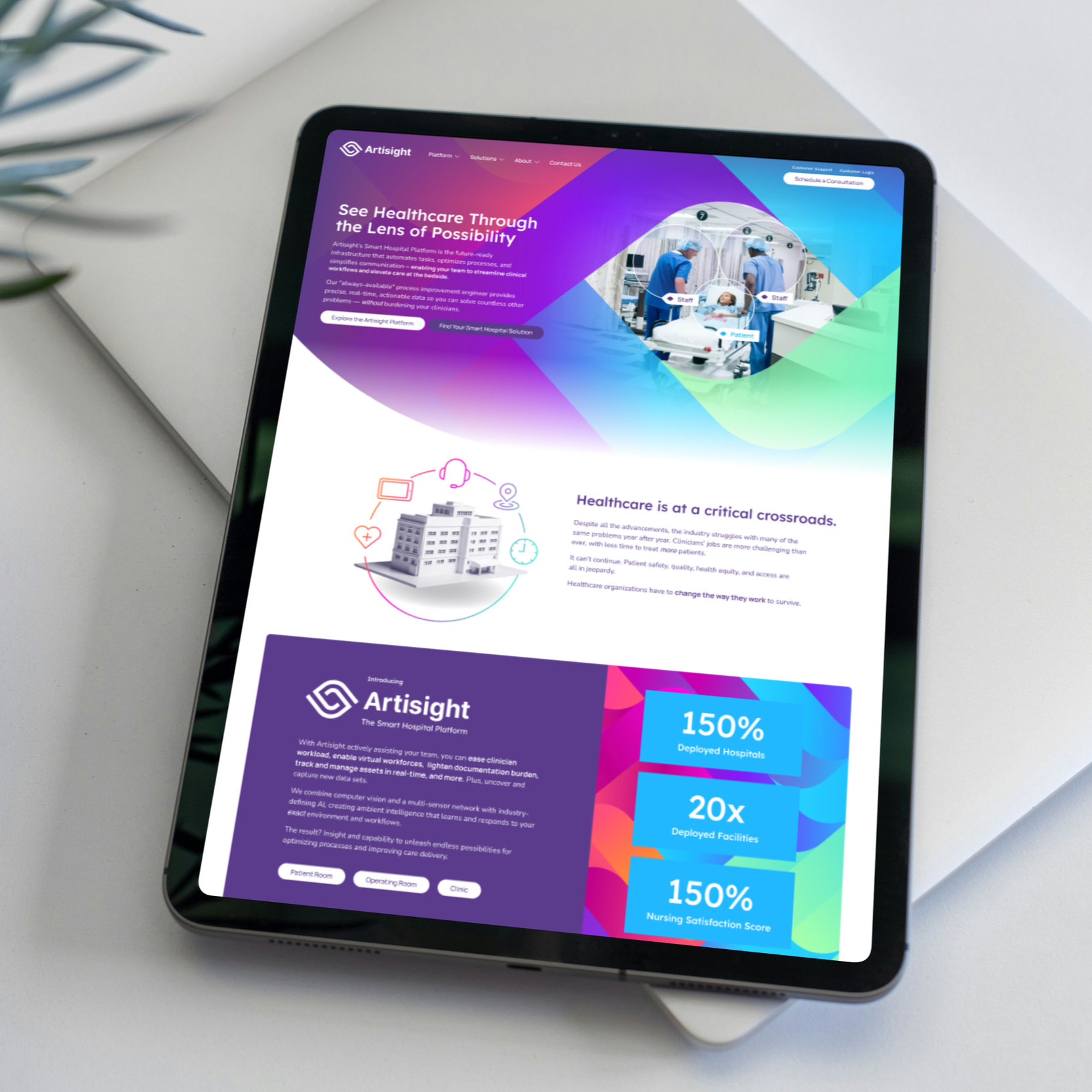 Artisight Smart Hospital Platform homepage on tablet
